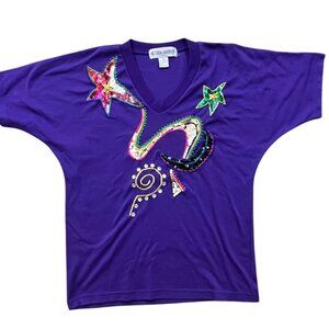 Victoria Harbour Y2K Shirt Womens Medium Purple Stars Sequins Artsy Celestial